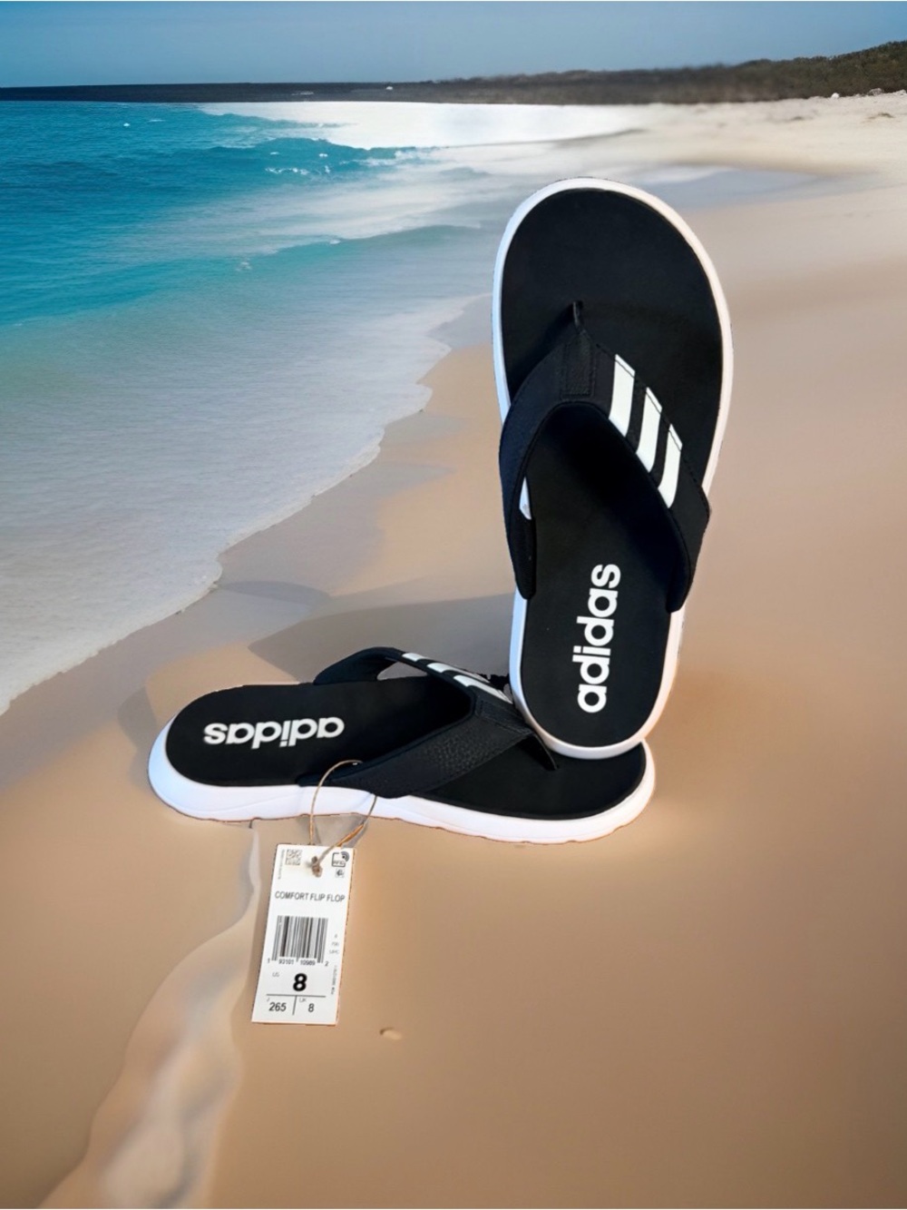 Adidas Comfort Men's Size 8 Black / White 3-Stripe Logo Flip Flop Sandals. NWT
